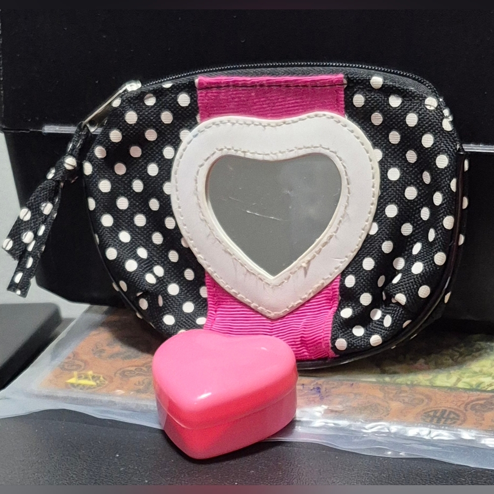 Valentine's Day Small Cosmetic Pouch W Heart Shaped Mirror&Pink Plastic Jew. Box